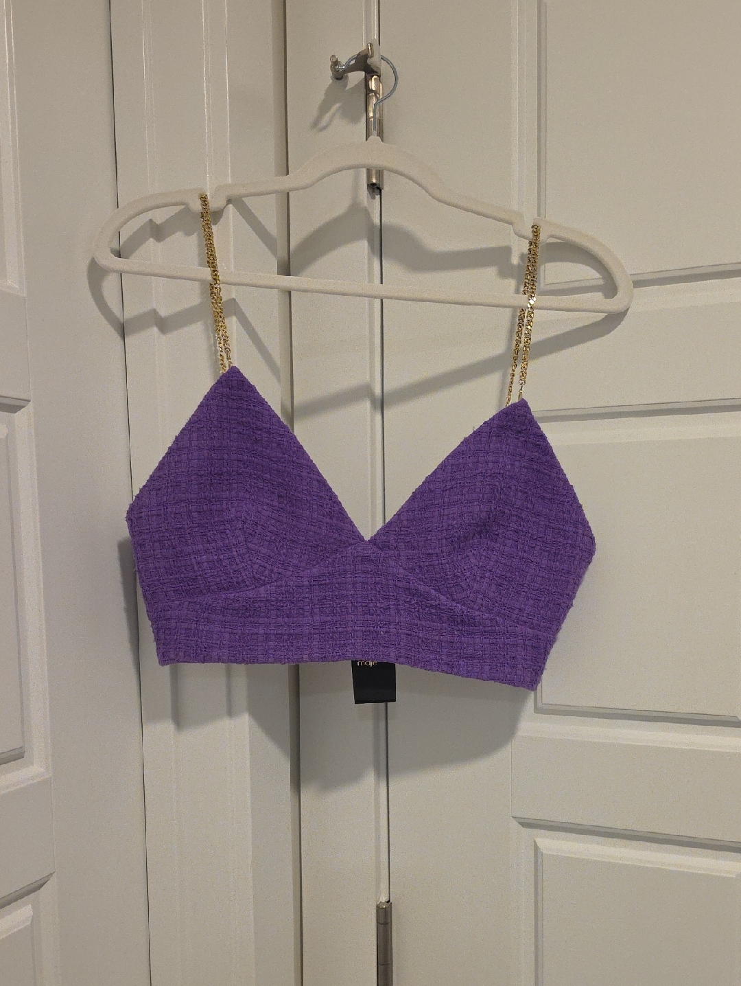 Maje Purple Tweed Bra Top With Gold Chain Straps